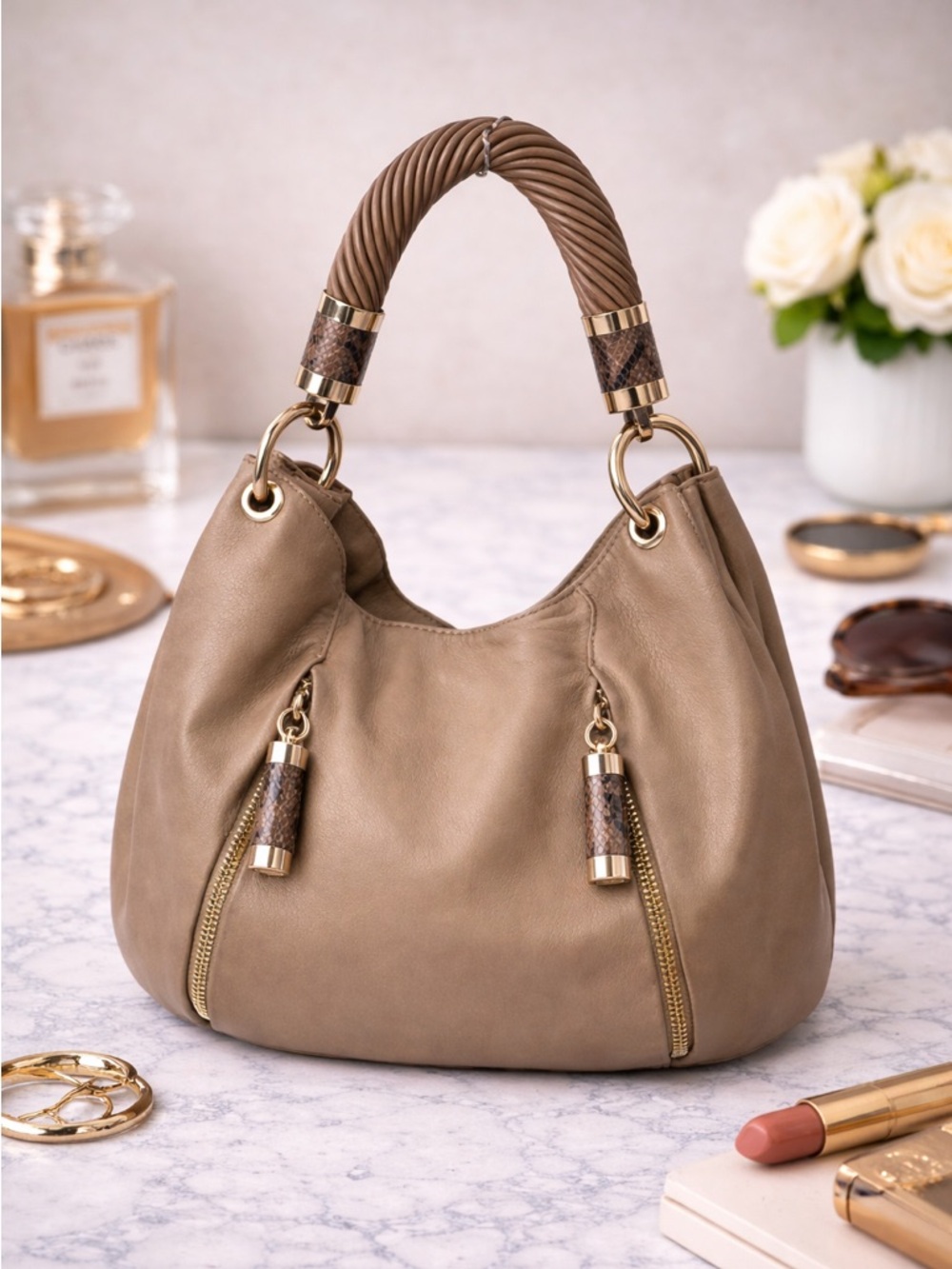 Michael Kors Tan Pebble Leather shoulder bag Twisted Handle everyday bag